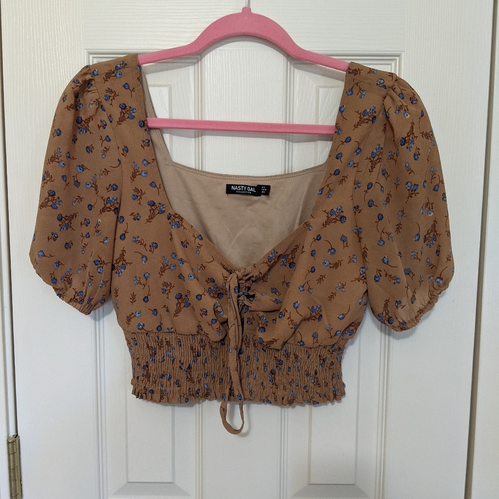 Nasty Gal floral crop top with lace up detail